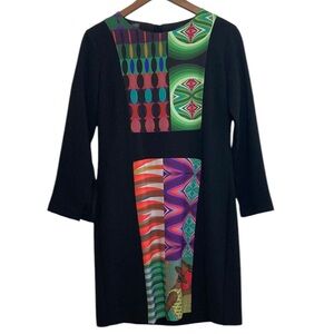 Desigual Dress Womens 40 8 Black Green Purple Stretch Crepe Abstract Colorblock